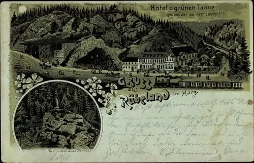 Mondschein Litho Rübeland Oberharz am Brocken, Hotel zur grünen Tanne, Bahnhof, Gleisseite