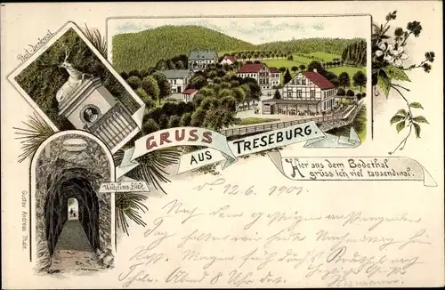 Litho Treseburg Thale im Harz, Pfeil Denkmal, Wilhelms Blick, Bodetal