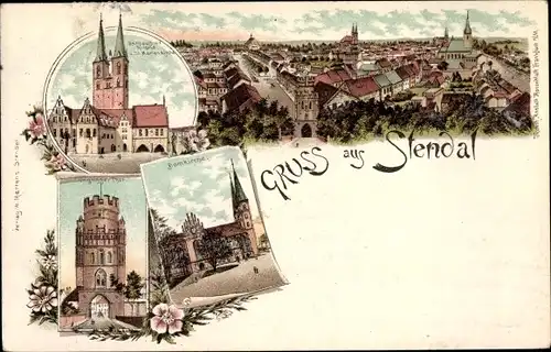 Litho Stendal in der Altmarkt, Rathaus, Roland, St. Marienkirche, Domkirche, Tor, Stadt