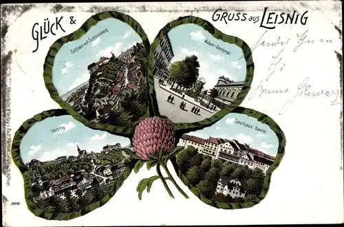 Kleeblatt Litho Leisnig in Sachsen, Gasthaus, Bastei, Adam Denkmal, Schloss, Blick auf den Ort