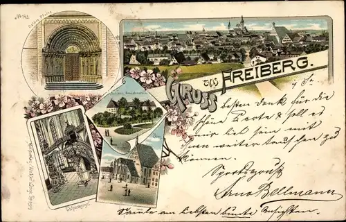 Litho Freiberg in Sachsen, Blick auf den Ort, Pforte, Schloss Friedenstein, Dom