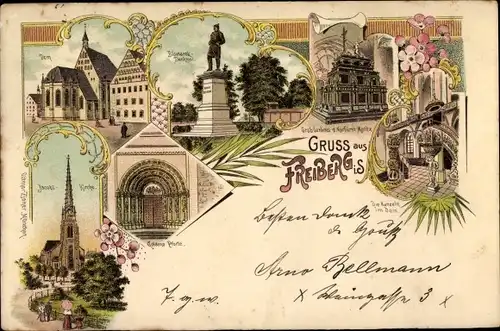 Litho Freiberg in Sachsen, Dom, Bismarckdenkmal, Jakobi Kirche, Kanzeln