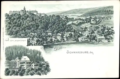 Litho Schwarzburg in Thüringen, Totalansicht der Ortschaft, Hotel Weißer Hirsch
