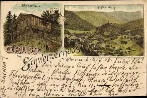 Litho Schwarzburg in Thüringen, Schweizerhaus, Blick auf den Ort, Schwarzatal