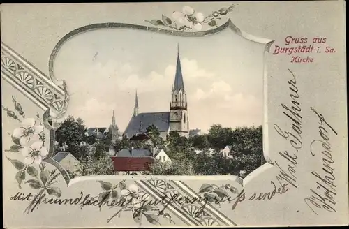 Passepartout Ak Burgstädt in Sachsen, Blick auf den Ort, Kirche