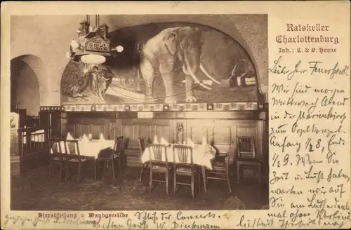 Ak Berlin Charlottenburg, Ratskeller, Innenansicht, Bierabteilung, Wandgemälde mit Elefant