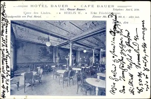 Ak Berlin Mitte, Hotel und Cafe Bauer, Unter den Linden, Innenansicht