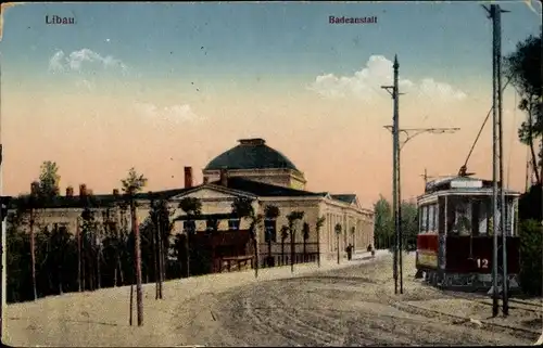Ak Liepaja Libau Lettland, Badeanstalt, Straßenbahn 12