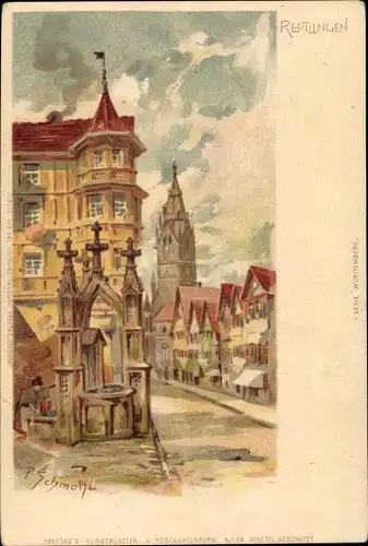 Künstler Litho Schmohl, P., Reutlingen in Württemberg, Ortspartie, Brunnen, Kirche