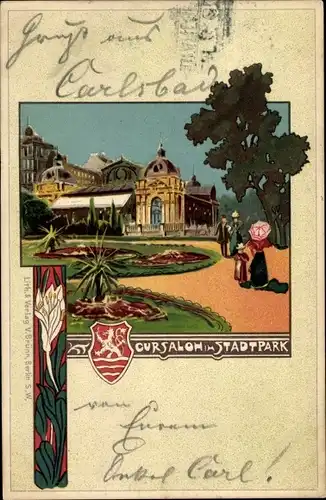 Litho Karlsbad Tschechien, Blick auf den Kursalon im Stadtpark