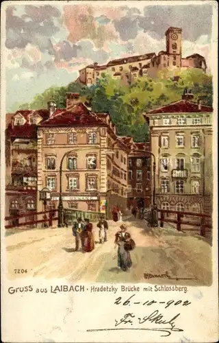 Künstler Litho Ljubljana Laibach Slowenien, Hradetzky Brücke mit Schlossberg