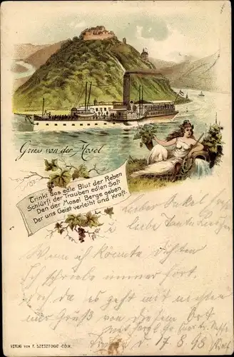 Litho Gruß von der Mosel, Salondampfer, Trink das edle Blut der Reben