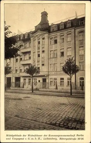 Ak Berlin Lichtenberg, Mittelgebäude der Wohnhäuser der Konsumgenossenschaft Berlin, Rittergutstraße