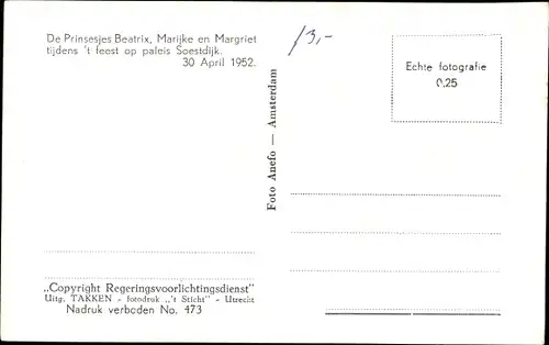 Ak Prinzessinnen Beatrix, Marije und Margriet der Niederlande, Fest, Spiel, April 1952