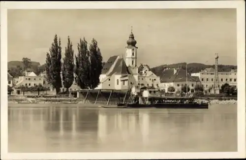 Ak Aschach an der Donau Oberösterreich, Ortsansicht, Kirche, Anlegestelle