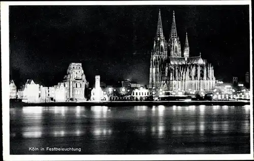 Ak Köln am Rhein, Dom und Stadt in Festbeleuchtung