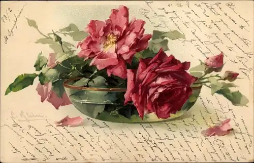 Künstler Ak Catharina Klein, Rote Blumen in der Glasschüssel