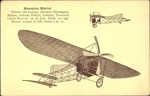 Künstler Ak Monoplan Blériot, Pilotes, de Lesseps, Morane, Olieslagers, Balsan, Aubrun, Hubert