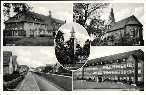 Ak Sande in Friesland, Bahnhof, Kirche, Marienturm, Dorfstraße, Krankenhaus