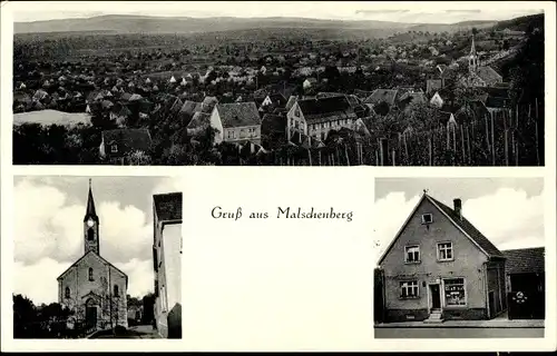 Ak Malschenberg Rauenberg Rhein-Neckar-Kreis, Gesamtansicht, Kirche, Lebensmittelgeschäft