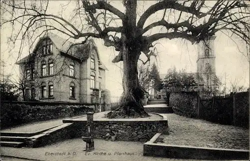 Ak Eberstadt Darmstadt, Ev. Kirche und Pfarrhaus