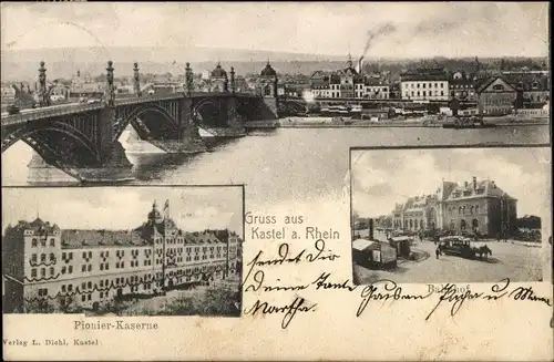 Ak Mainz Kastel Wiesbaden in Hessen, Pionierkaserne, Pferdestraßenbahn, Totale, Brücke