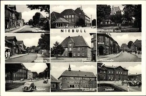 Ak Niebüll in Nordfriesland, Hauptstraße, Friedrich Paulsen Schule, Kirche, Bahnhof, Rathaus