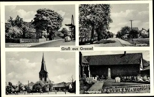 Ak Grassel Meine in Niedersachsen, Geschäft Lütge, Kirche, Kriegerdenkmal, Dorfpartie