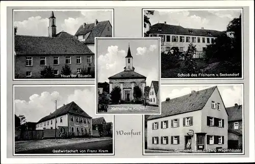 Ak Wonfurt Bayern, Schloss, Haus der Bäuerin, Gasthof v. F. Kram, Geschäft Wagenhäuser, Kirche