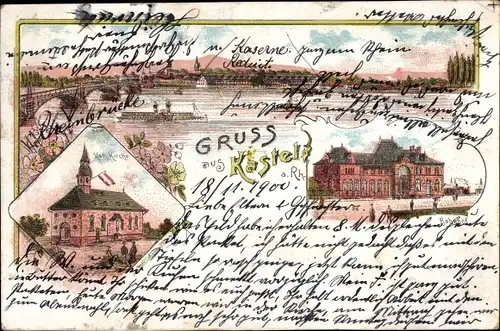 Litho Mainz Kastel Wiesbaden am Rhein, Kath. Kirche, Panorama, Bahnhof