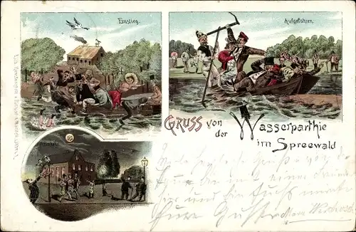 Mondschein Litho Spreewald, Bootsfahrt, Einstieg, Aufgefahren