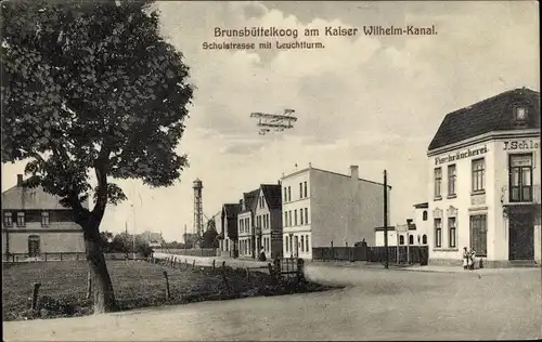 Ak Brunsbüttelkoog Brunsbüttel in Dithmarschen, Kaiser Wilhelm Kanal, Schulstraße, Flugzeug