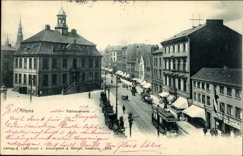 Ak Hamburg Altona, Rathausmarkt, Gasthof*, Häuserfassaden, Straßenbahn