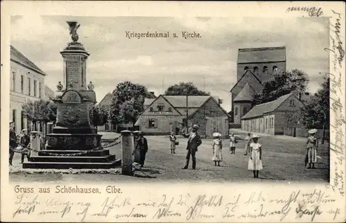 Ak Schönhausen an der Elbe, Kriegerdenkmal, Kirche