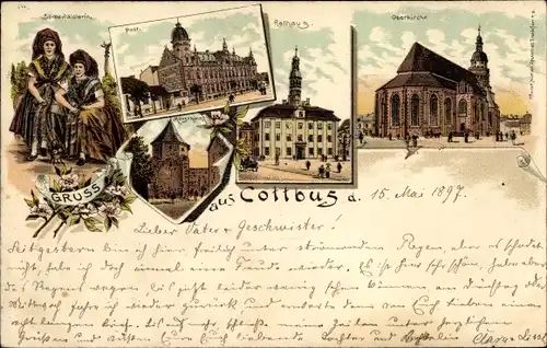 Litho Cottbus in der Niederlausitz, Spreewälderin, Post, Rathaus, Oberkirche