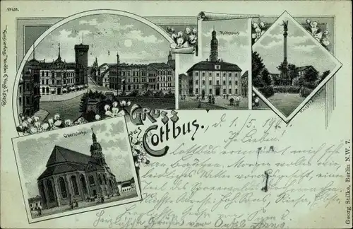 Mondschein Litho Cottbus Brandenburg, Oberkirche, Rathaus, Kriegerdenkmal