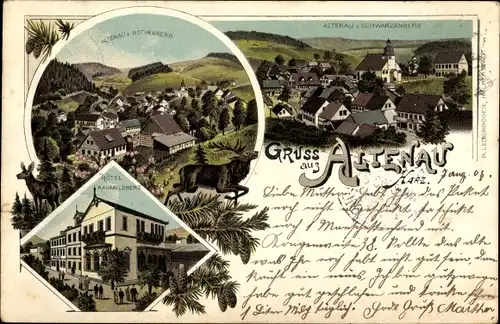 Litho Altenau Clausthal Zellerfeld im Oberharz, Hotel Rammelsberg, Blick von Schwarzenberg