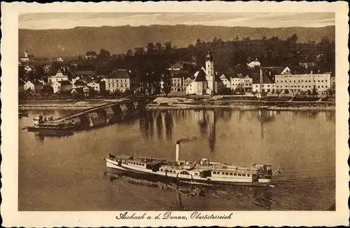Ak Aschach an der Donau Oberösterreich, Blick auf den Ort, Salondampfer