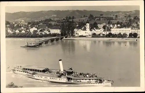 Foto Ak Aschach an der Donau Oberösterreich, Blick auf den Ort, Salondampfer