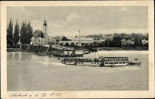 Ak Aschach an der Donau Oberösterreich, Blick auf den Ort, Salondampfer, Anlegestelle