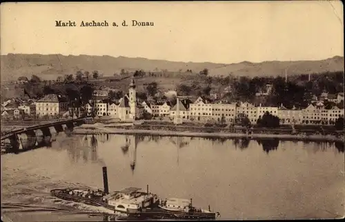 Ak Aschach an der Donau Oberösterreich, Blick auf den Ort, Anlegestelle, Dampfer