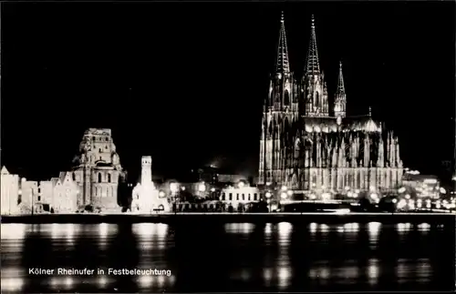 Ak Köln am Rhein, Rheinufer in Festbeleuchtung, Dom