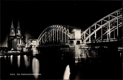 Ak Köln am Rhein, Stadtbeleuchtung, Dom, Hohenzollernbrücke