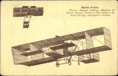 Ak Biplan Voisin, Delagrange, de Rue, de Caters, Aéroplane, Flugpioniere