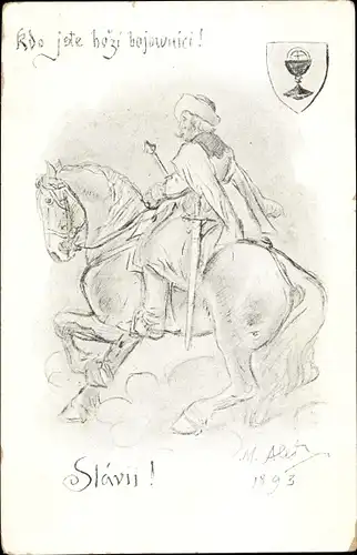 Künstler Ak Ales, M., Husitsky Hejtman, Polnischer Soldat zu Pferde, Wappen