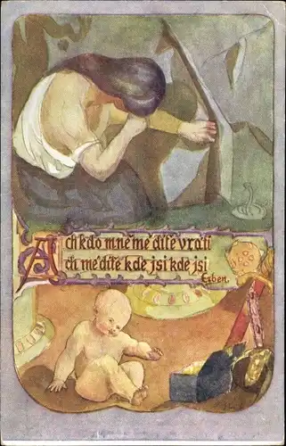 Künstler Ak Glückwunsch Ostern, Weinende Frau, Kind, Schwerter, Gold