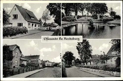 Ak Osterstedt Schleswig Holstein, Straßenpartie, Ortspartie, Ehrenmal, Teichpartie