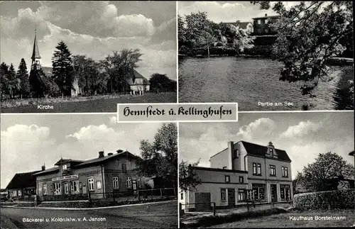 Ak Hennstedt Kreis Steinburg, Partie am See, Kirche, Kaufhaus Borstelmann, Bäckerei