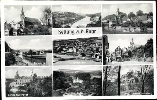 Ak Kettwig Essen im Ruhrgebiet, Schloss Landsberg u Hugenpoet, Burg Oefte, Ruhrtal, Kirche