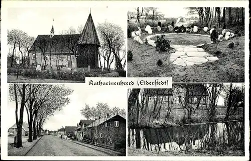 Ak Katharinenheerd in Nordfriesland, Kirche, Straßenpartie, Steinkreis